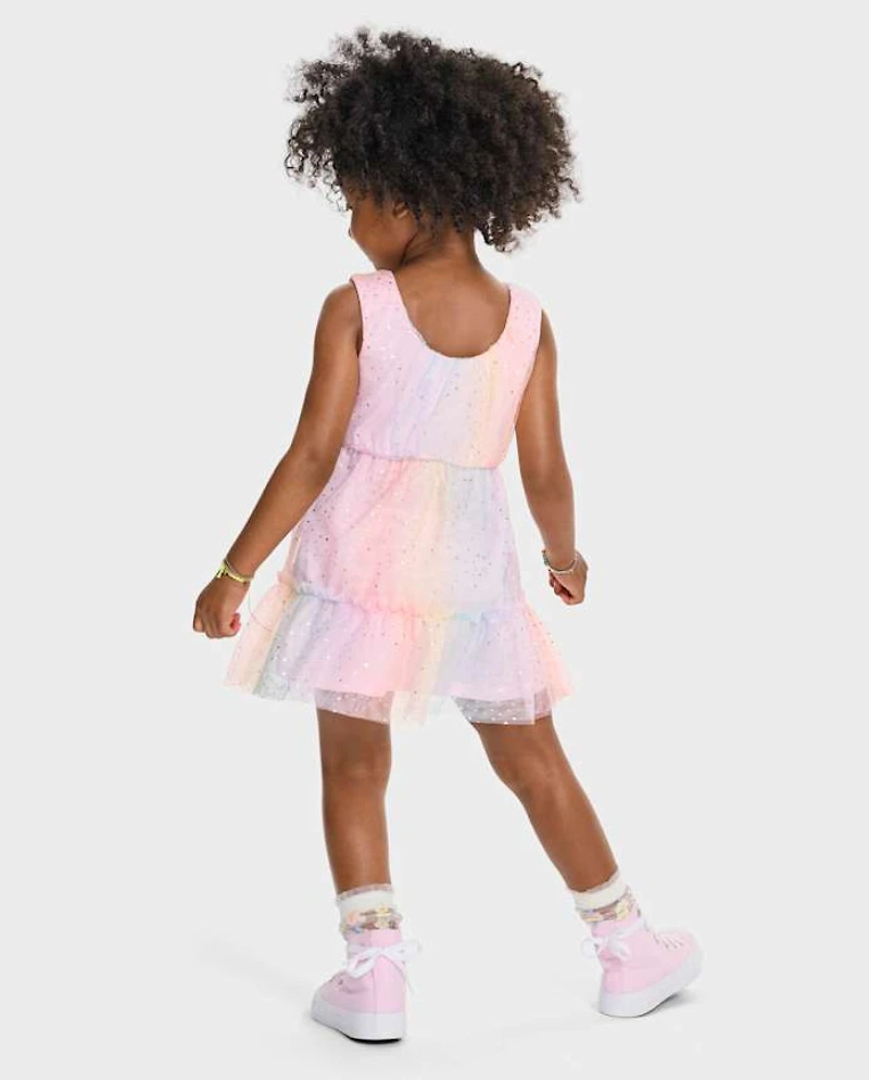 Toddler Girls Rainbow Shimmer Mesh Tiered Dress