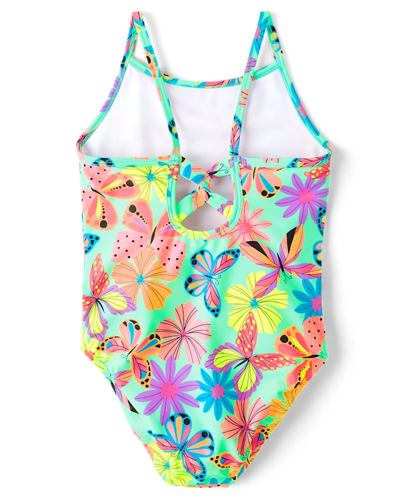Girls Print Cross Back One Piece Swimsuit