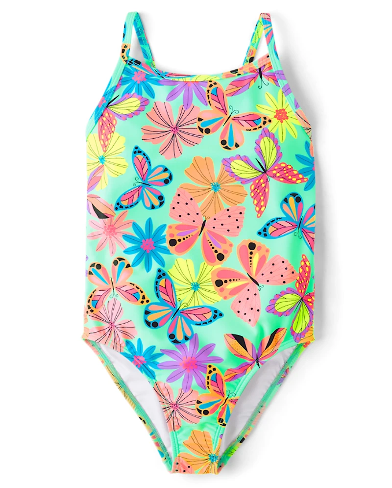 Girls Print Cross Back One Piece Swimsuit