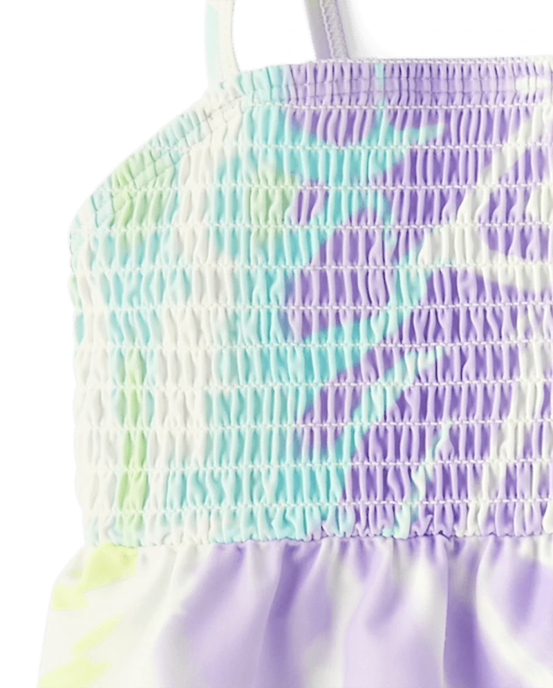 Girls Print Smocked Tankini Swimsuit
