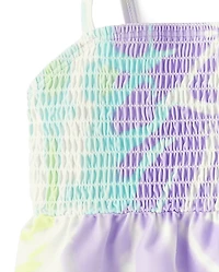 Girls Print Smocked Tankini Swimsuit