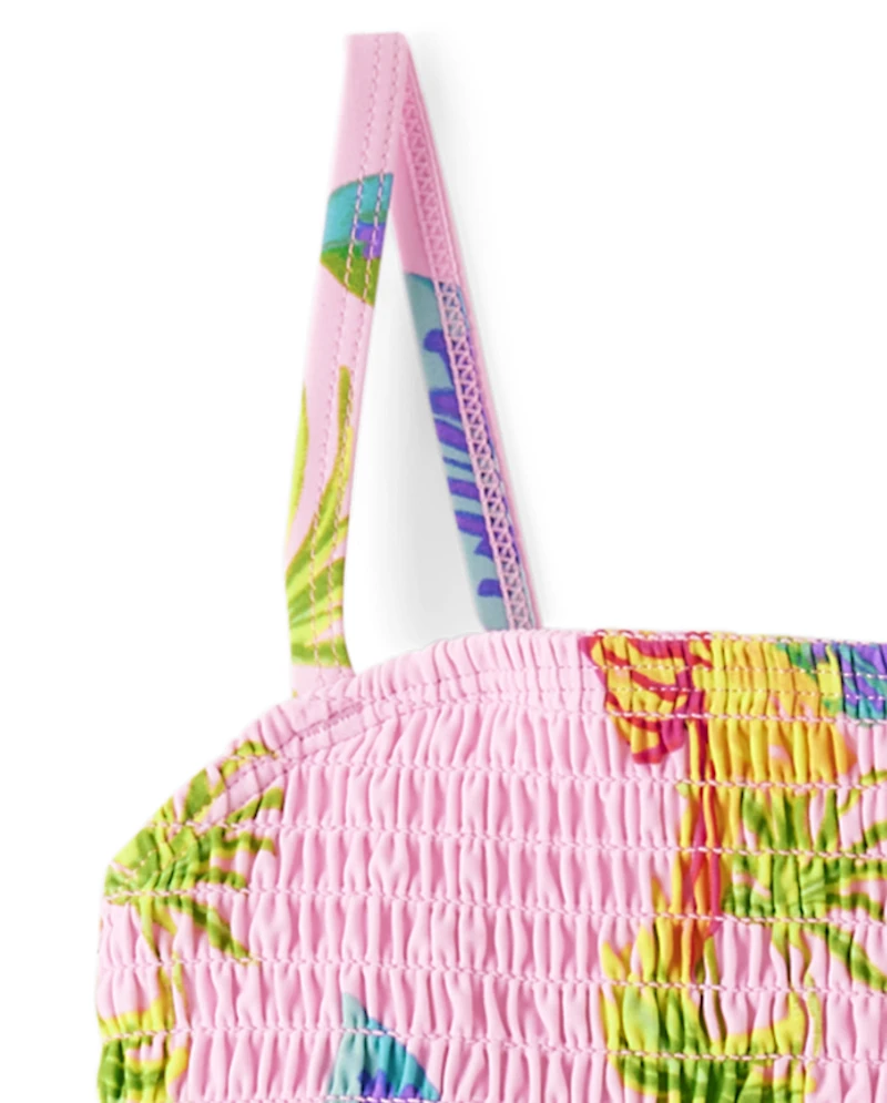 Girls Print Smocked Tankini Swimsuit