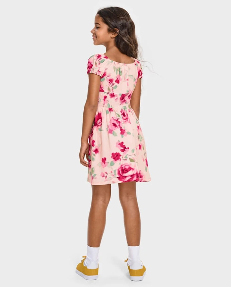Girls Floral Smocked Dress