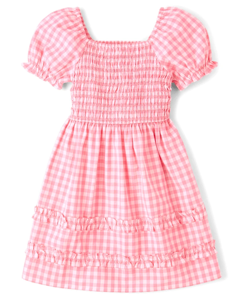 Girls Mommy And Me Gingham Poplin Smocked Ruffle Dress
