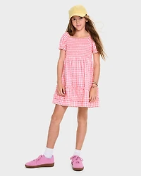 Girls Mommy And Me Gingham Poplin Smocked Ruffle Dress