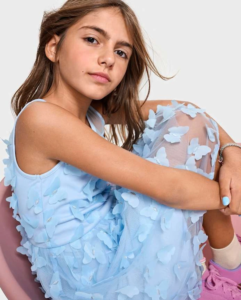 Girls 3D Butterfly Mesh Fit And Flare Dress