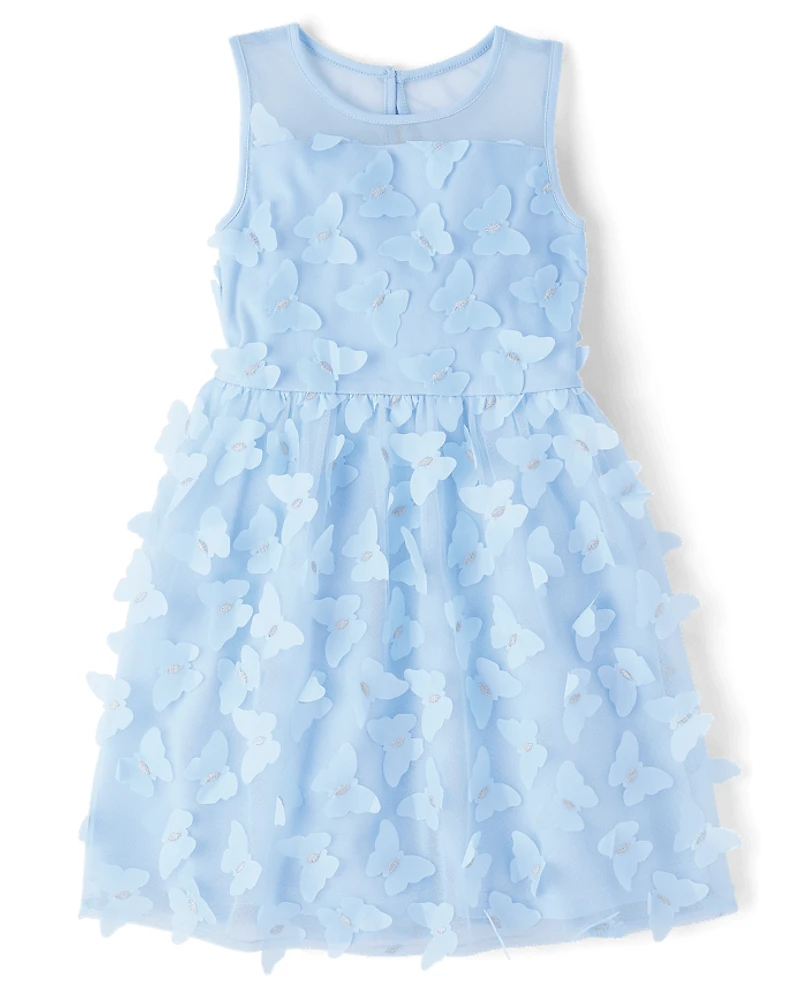 Girls 3D Butterfly Mesh Fit And Flare Dress