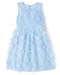 Girls 3D Butterfly Mesh Fit And Flare Dress