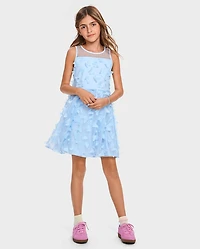 Girls 3D Butterfly Mesh Fit And Flare Dress