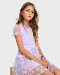 Girls 3D Flower Mesh Fit And Flare Dress