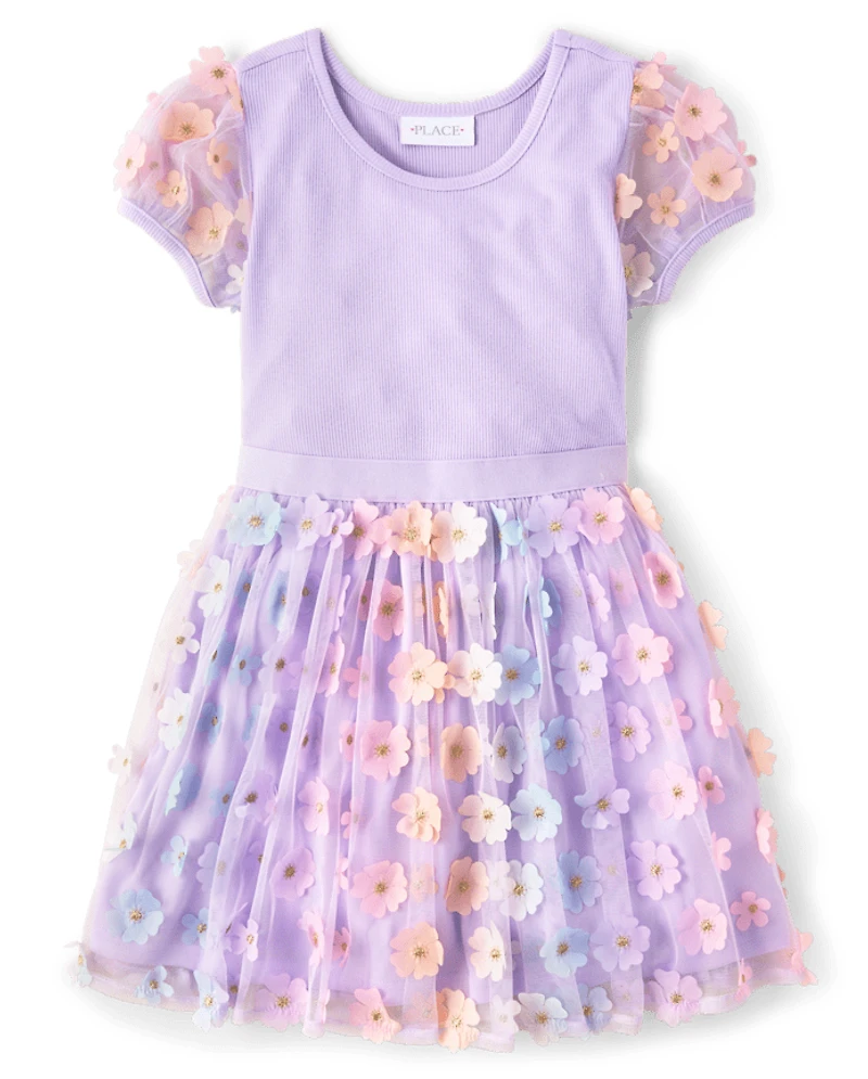 Girls 3D Flower Mesh Fit And Flare Dress