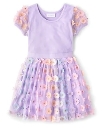 Girls 3D Flower Mesh Fit And Flare Dress