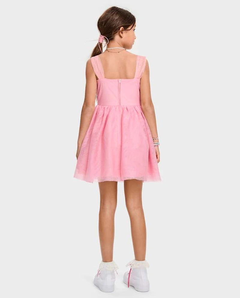 Girls 3D Rosette Mesh Fit And Flare Dress