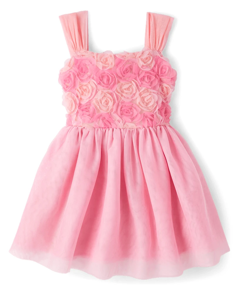 Girls 3D Rosette Mesh Fit And Flare Dress