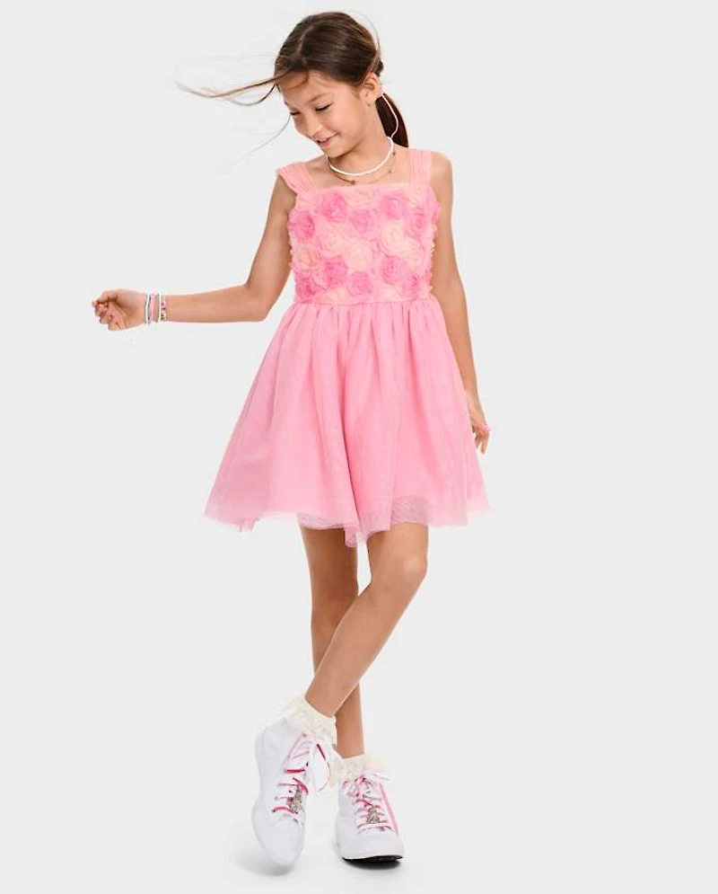 Girls 3D Rosette Mesh Fit And Flare Dress