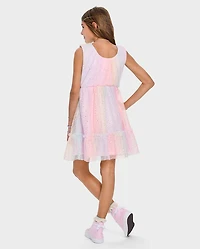 Girls Rainbow Shimmer Mesh Ruffle Dress