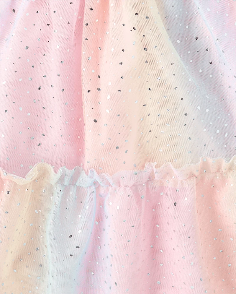 Girls Rainbow Shimmer Mesh Ruffle Dress