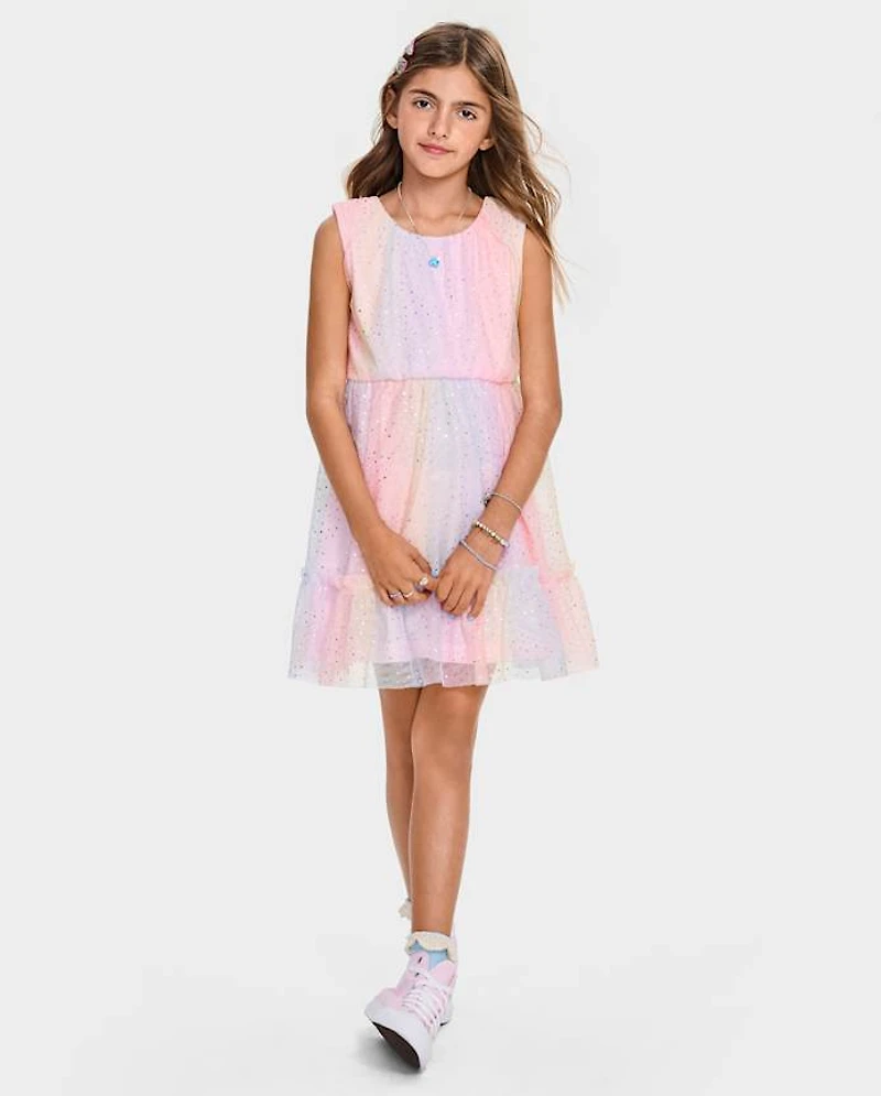 Girls Rainbow Shimmer Mesh Ruffle Dress