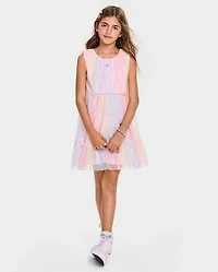 Girls Rainbow Shimmer Mesh Ruffle Dress
