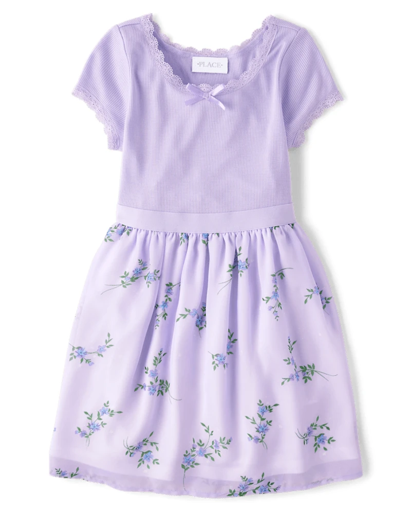 Girls Floral Ribbed Fit And Flare Dress