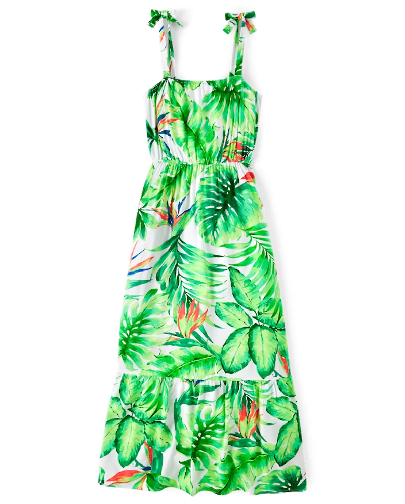 Robe longue à épaules nouées tropicale pour femme