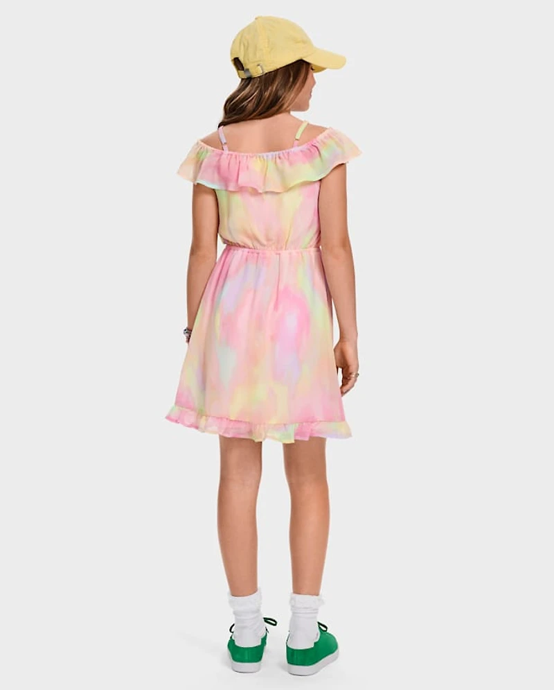 Girls Rainbow Tie Dye Off Shoulder Dress