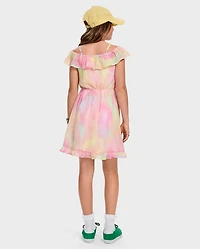 Girls Rainbow Tie Dye Off Shoulder Dress