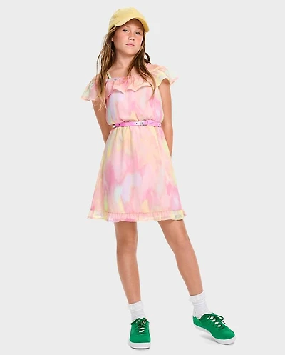 Girls Rainbow Tie Dye Off Shoulder Dress