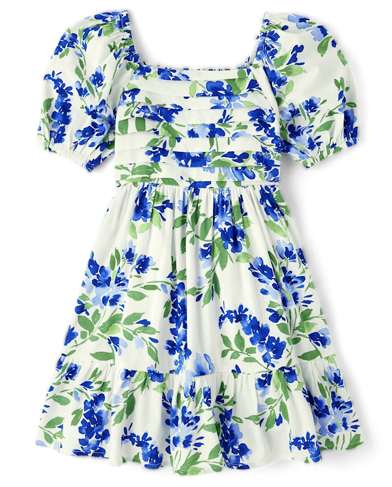 Robe à volants plissée fleurs assortie pour filles