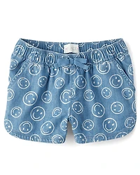 Girls Happy Face Chambray Pull On Shorts