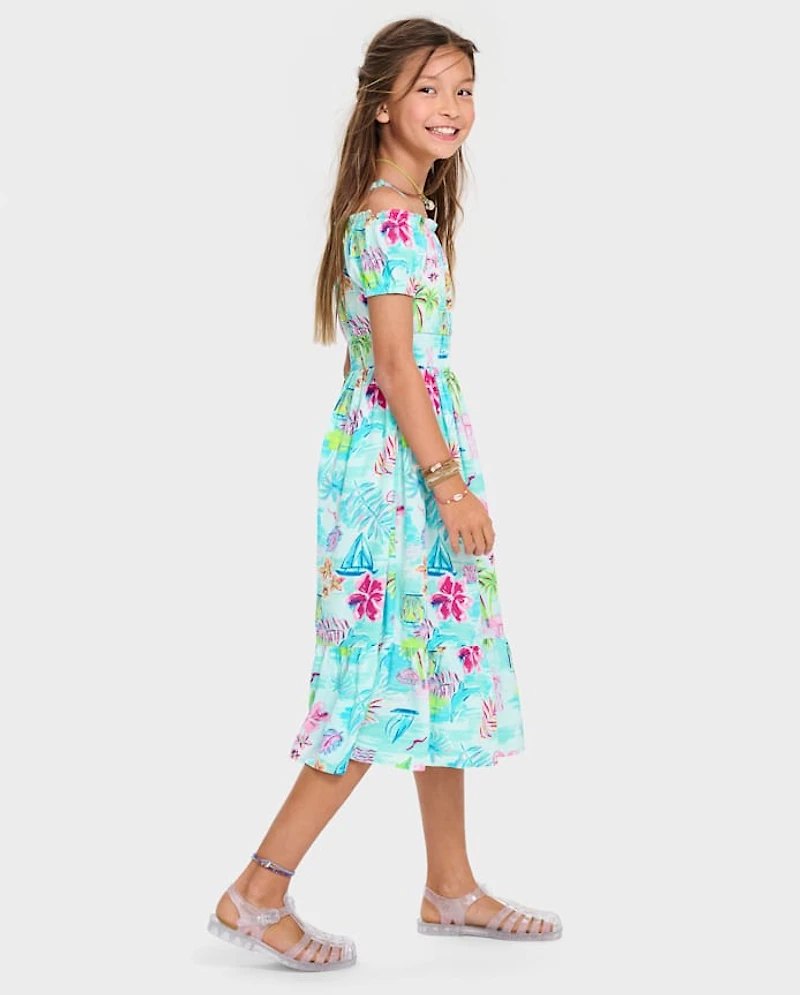Girls Matching Family Tropical Midi Off Shoulder Dress