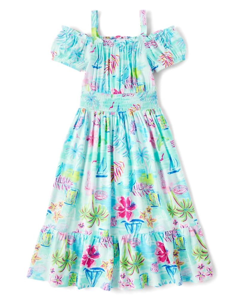 Girls Matching Family Tropical Midi Off Shoulder Dress
