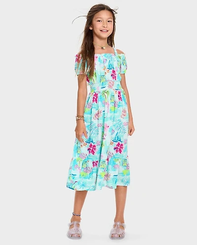 Girls Matching Family Tropical Midi Off Shoulder Dress