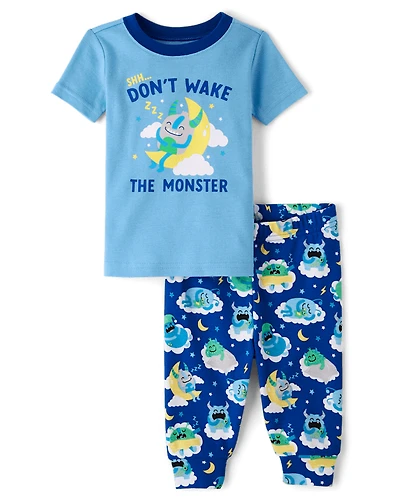 Pyjamas en coton ajustés pour bébés et petits garçons, motif monstre
