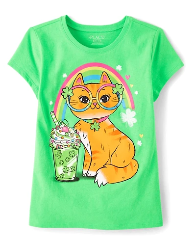 Girls St. Patrick's Day Cat Graphic Tee