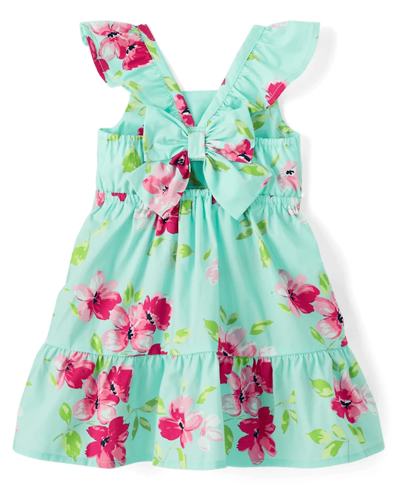 Toddler Girls Floral Bow Back Poplin Ruffle Dress