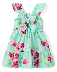 Toddler Girls Floral Bow Back Poplin Ruffle Dress