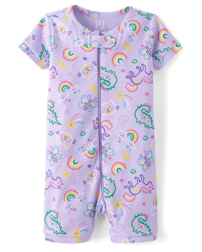 Baby And Toddler Girls Doodle Snug Fit Cotton Cropped One Piece Pajamas