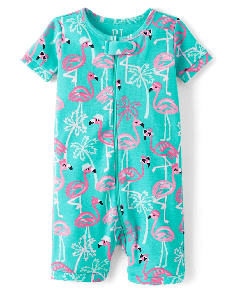 Baby And Toddler Girls Flamingo Snug Fit Cotton Cropped One Piece Pajamas