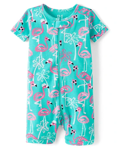 Baby And Toddler Girls Flamingo Snug Fit Cotton Cropped One Piece Pajamas