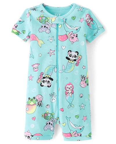 Pyjama une pièce court en coton à motif sirène pour bébés et petites filles