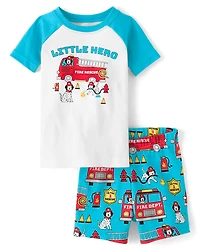 Pyjama en coton ajusté pour bébé et petit garçon, motif camion de pompiers