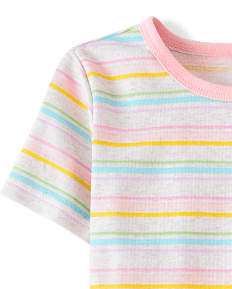 Girls Rainbow Striped Henley Snug Fit Cotton Pajamas 2-Pack