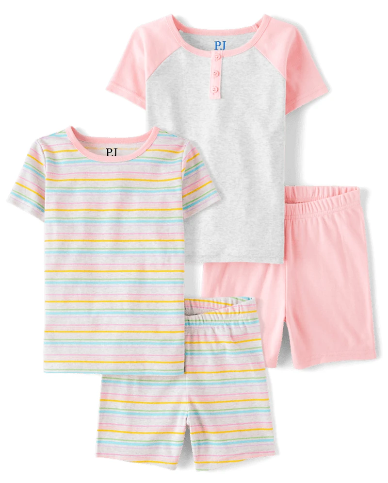 Pyjama Henley rayé arc-en-ciel pour filles, coupe ajustée, en coton, lot de 2