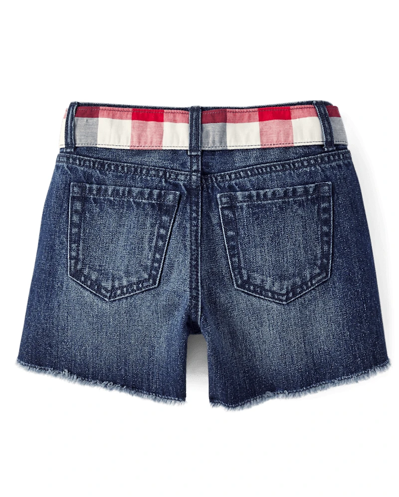 Girls Gingham Belted Denim Shortie Shorts