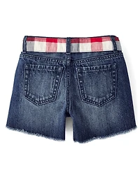 Girls Gingham Belted Denim Shortie Shorts