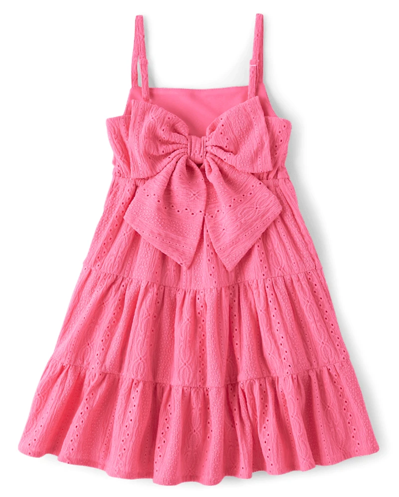 Girls Bow Back Eyelet Tiered Dress