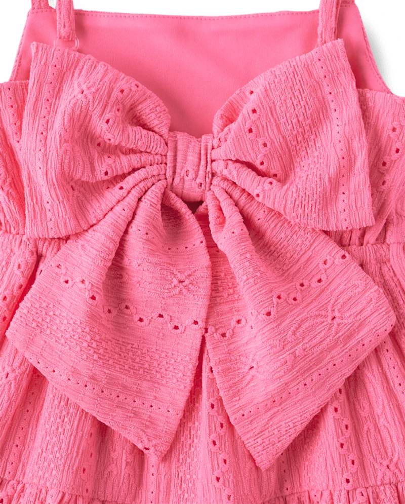 Girls Bow Back Eyelet Tiered Dress