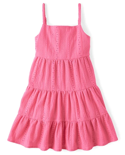 Girls Bow Back Eyelet Tiered Dress