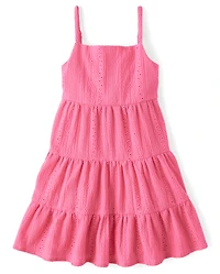 Girls Bow Back Eyelet Tiered Dress